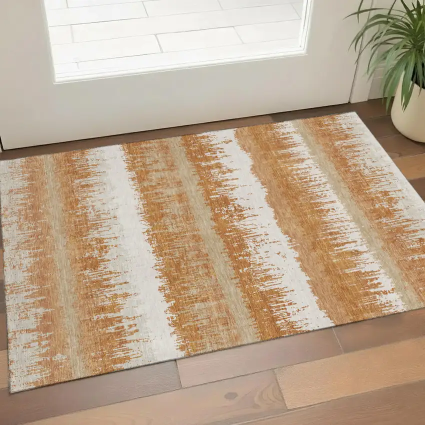 Copper Beige And Ivory Striped Washable Area Rug With UV Protection Photo 1