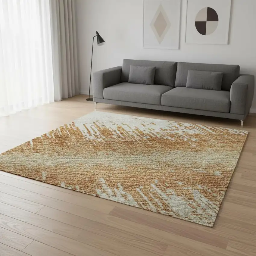 Copper Beige And Ivory Striped Washable Area Rug With UV Protection Photo 2