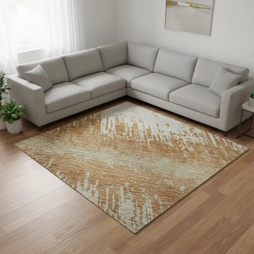 Copper Beige And Ivory Striped Washable Area Rug With UV Protection Photo 2