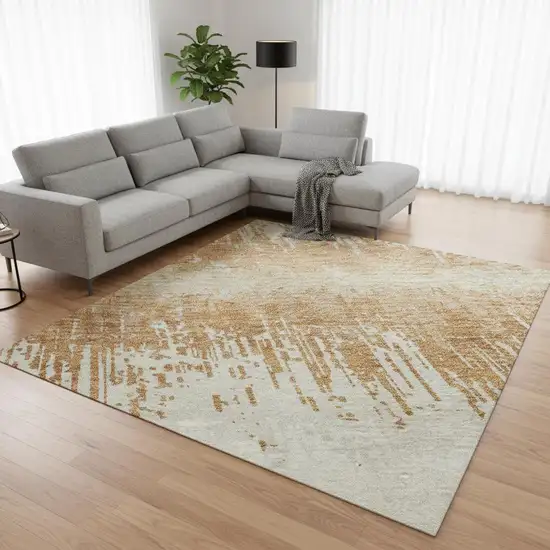 Copper Beige And Ivory Striped Washable Area Rug With UV Protection Photo 2