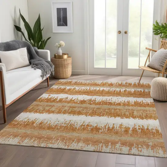 Copper Beige And Ivory Striped Washable Area Rug With UV Protection Photo 4