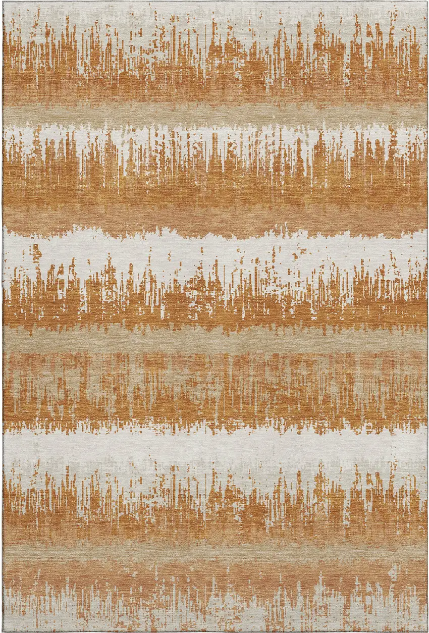 Copper Beige And Ivory Striped Washable Area Rug With UV Protection Photo 4