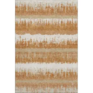 Photo of Copper Beige And Ivory Striped Washable Area Rug With UV Protection