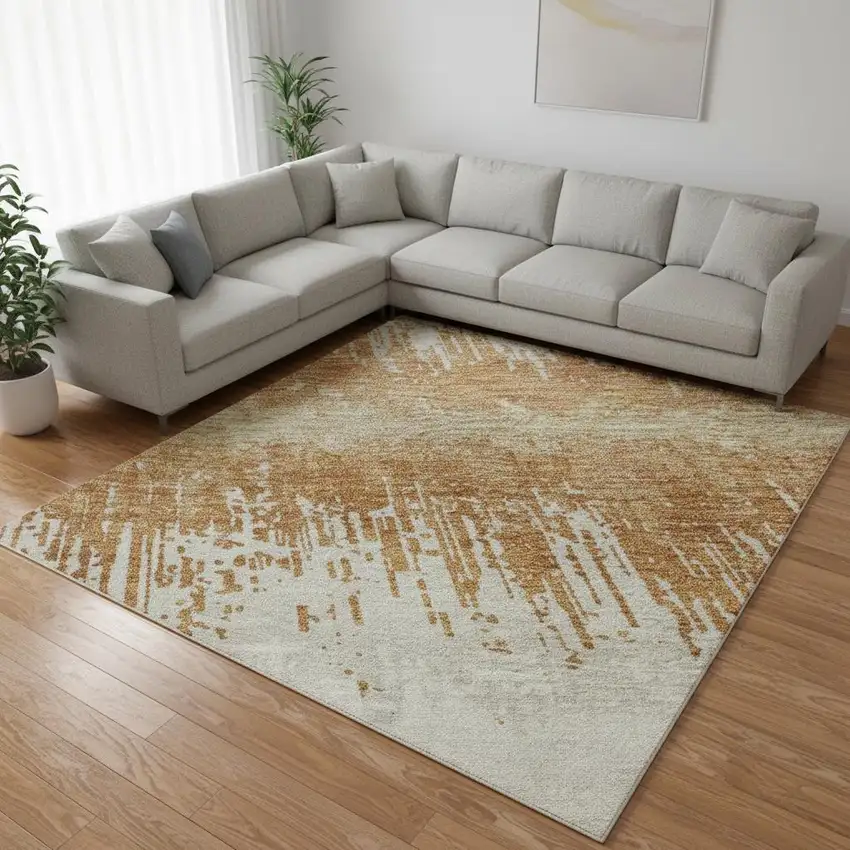 Copper Beige And Ivory Striped Washable Area Rug With UV Protection Photo 2