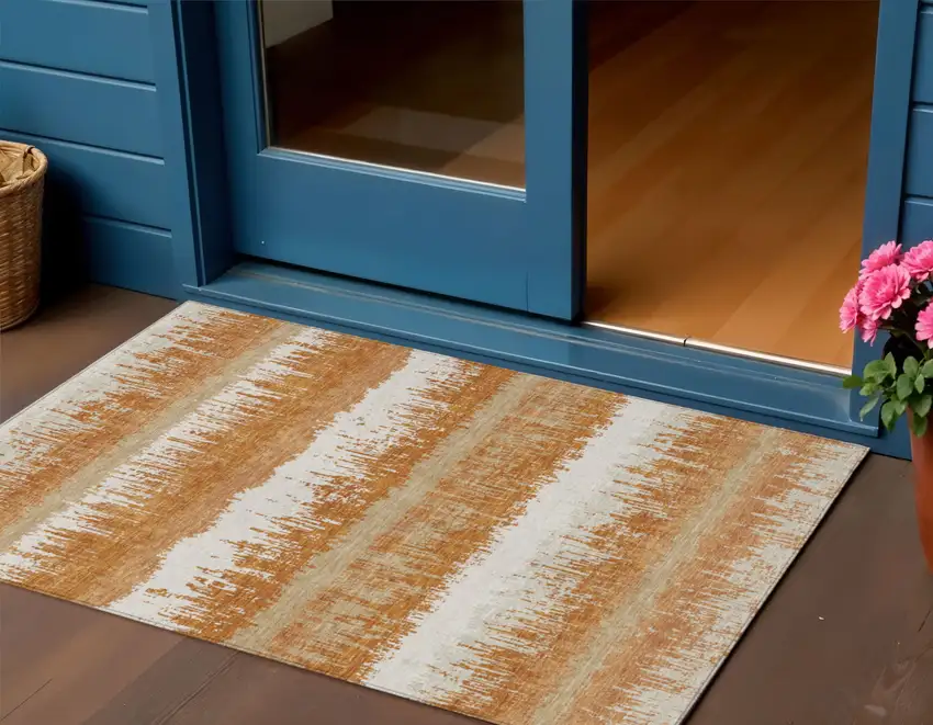 Copper Beige And Ivory Striped Washable Indoor Outdoor Area Rug Photo 1