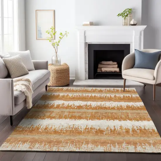 Copper Beige And Ivory Striped Washable Indoor Outdoor Area Rug Photo 8