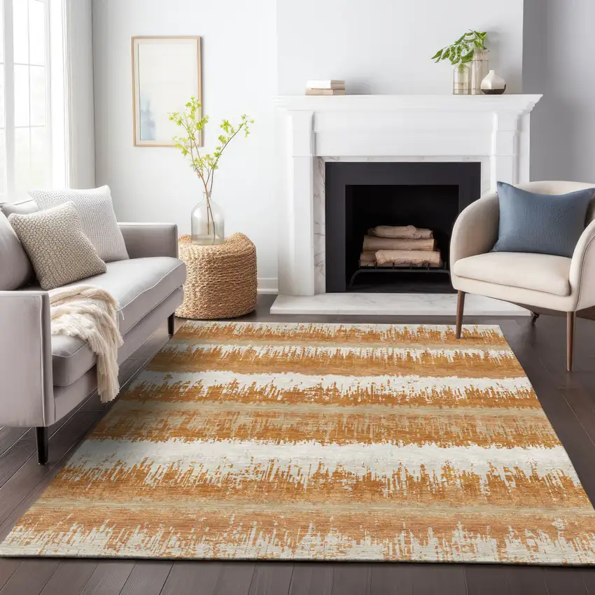 Copper Beige And Ivory Striped Washable Indoor Outdoor Area Rug Photo 8