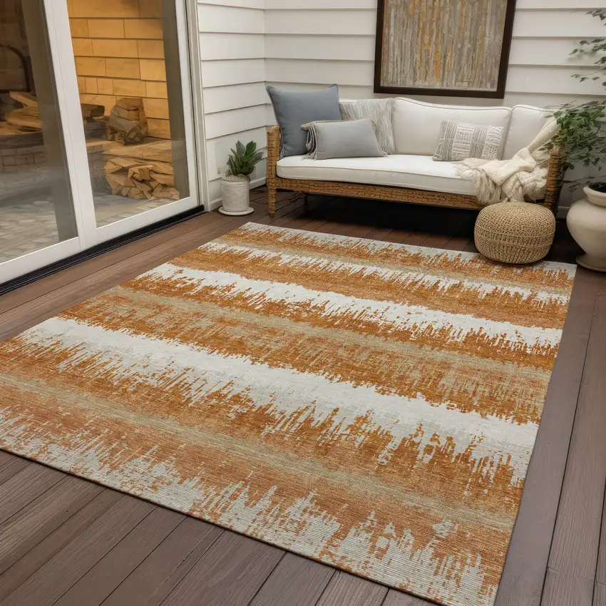 Copper Beige And Ivory Striped Washable Indoor Outdoor Area Rug Photo 7
