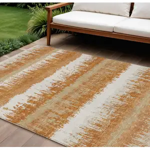 Photo of Copper Beige And Ivory Striped Washable Indoor Outdoor Area Rug