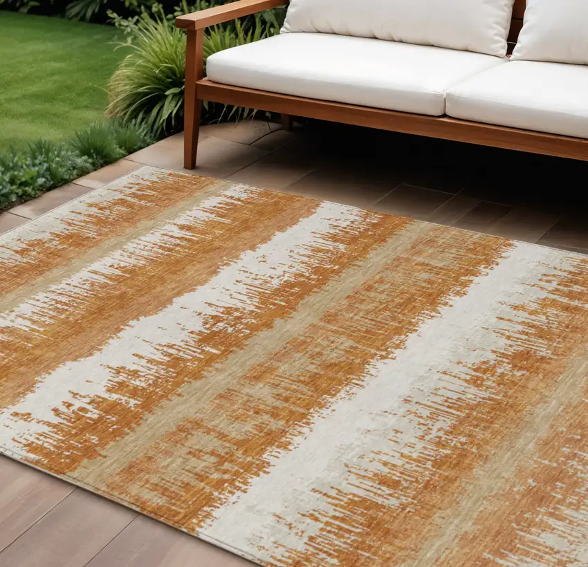 Copper Beige And Ivory Striped Washable Indoor Outdoor Area Rug Photo 1