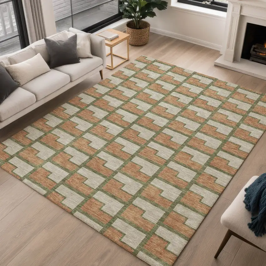 Copper Beige And Olive Green Geometric Washable Indoor Outdoor Area Rug Photo 5