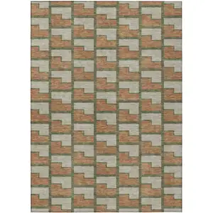 Photo of Copper Beige And Olive Green Geometric Washable Indoor Outdoor Area Rug