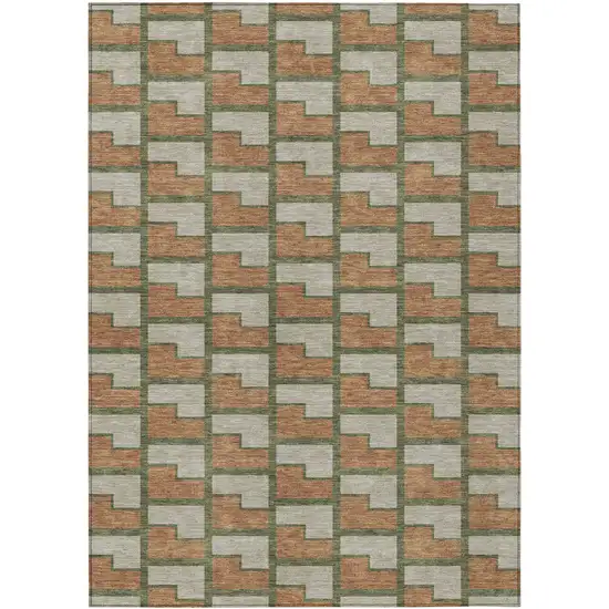 Copper Beige And Olive Green Geometric Washable Indoor Outdoor Area Rug Photo 1