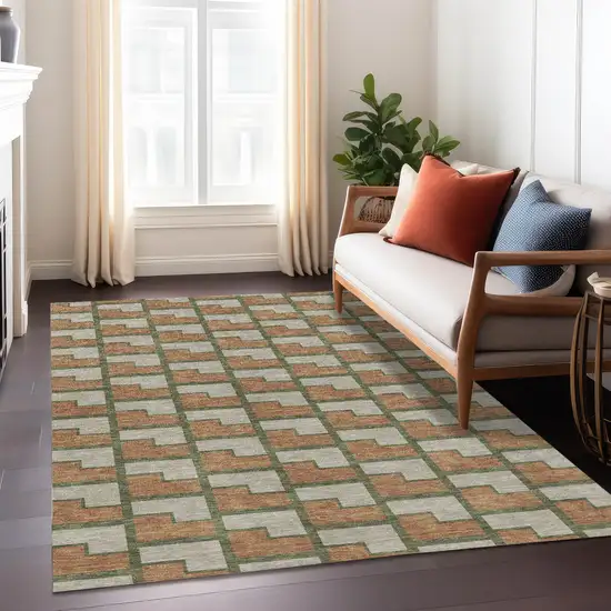 Copper Beige And Olive Green Geometric Washable Indoor Outdoor Area Rug Photo 6