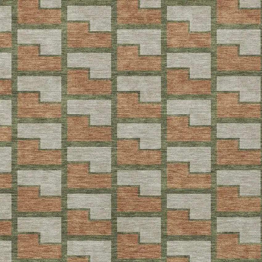 Copper Beige And Olive Green Geometric Washable Indoor Outdoor Area Rug Photo 2