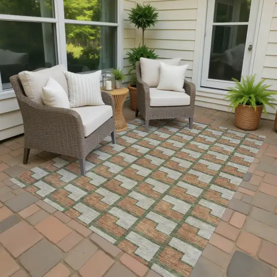 Copper Beige And Olive Green Geometric Washable Indoor Outdoor Area Rug Photo 4