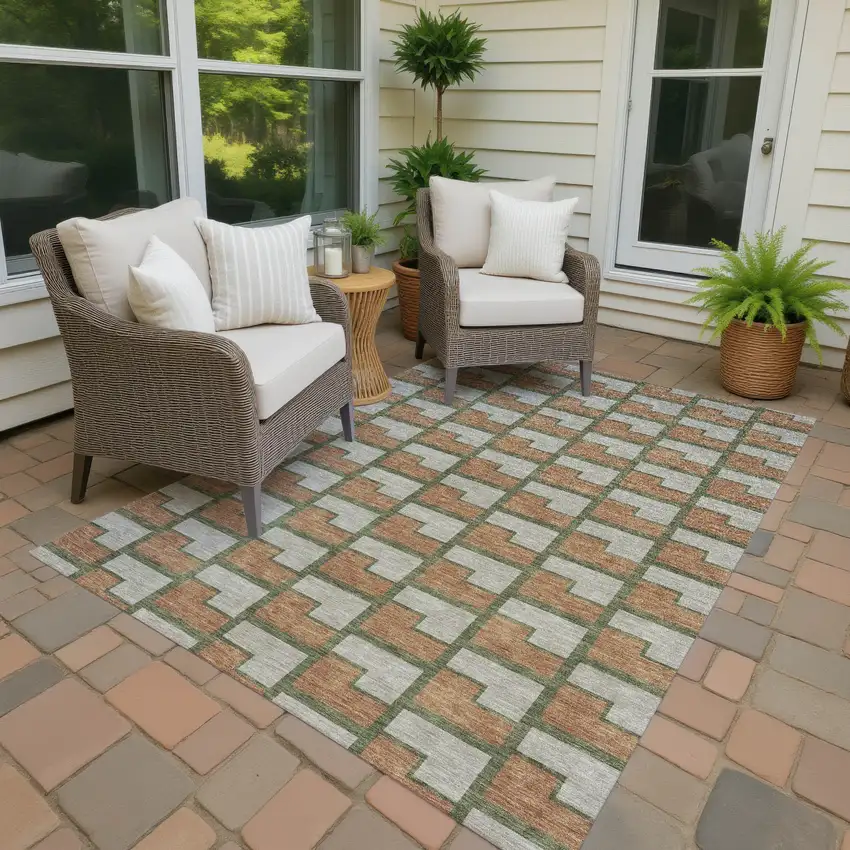Copper Beige And Olive Green Geometric Washable Indoor Outdoor Area Rug Photo 4