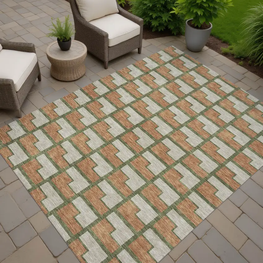 Copper Beige And Olive Green Geometric Washable Indoor Outdoor Area Rug Photo 7