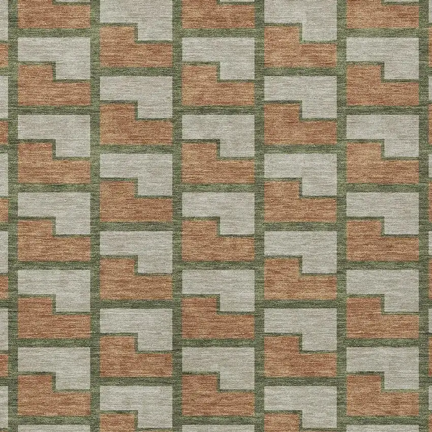 Copper Beige And Olive Green Geometric Washable Indoor Outdoor Area Rug Photo 2