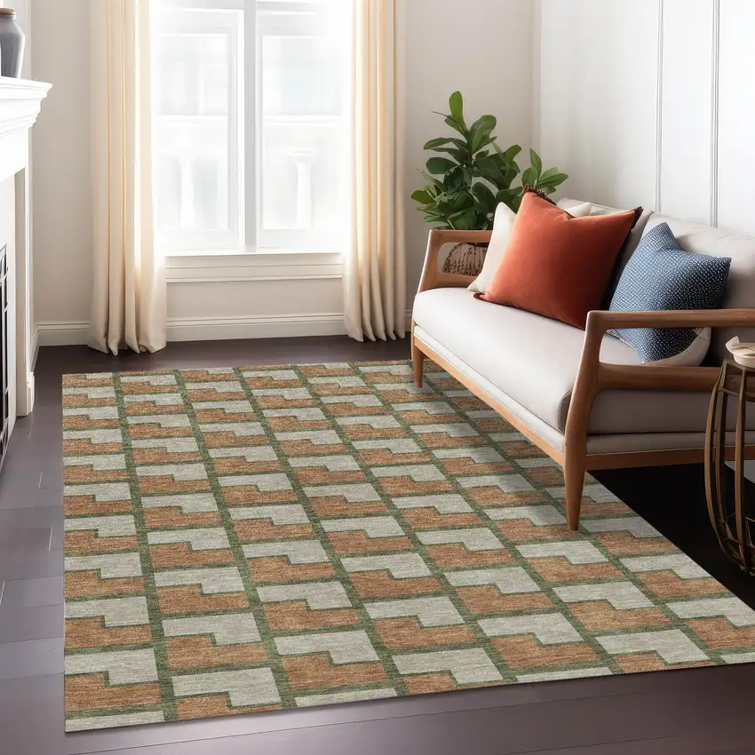 Copper Beige And Olive Green Geometric Washable Indoor Outdoor Area Rug Photo 6