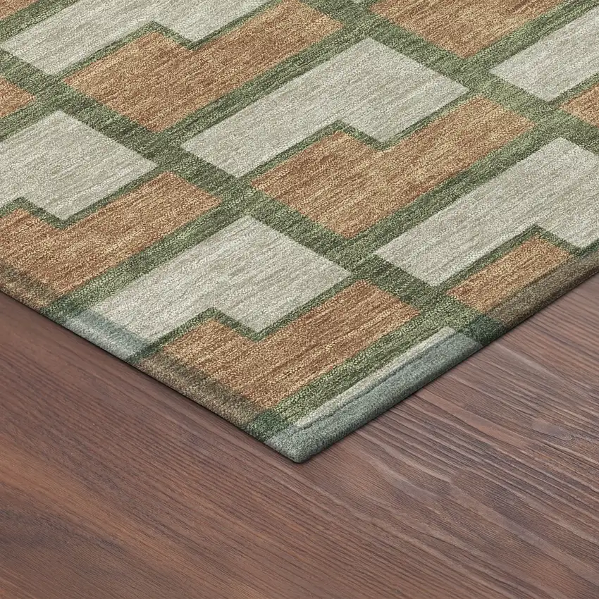 Copper Beige And Olive Green Geometric Washable Indoor Outdoor Area Rug Photo 5