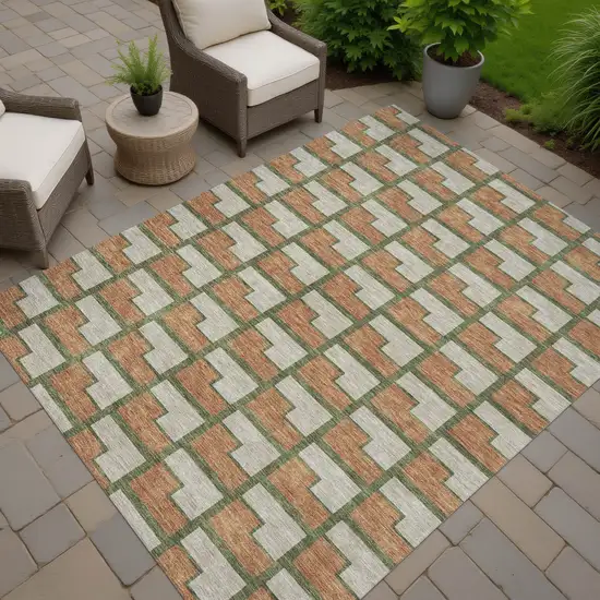 Copper Beige And Olive Green Geometric Washable Indoor Outdoor Area Rug Photo 7