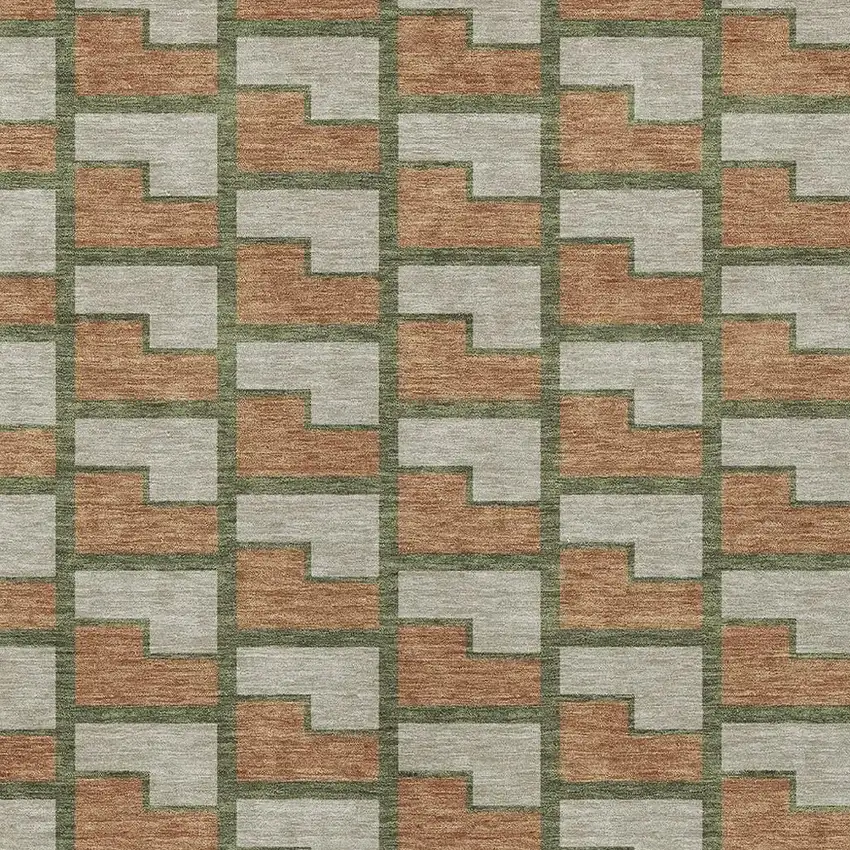 Copper Beige And Olive Green Geometric Washable Indoor Outdoor Area Rug Photo 2