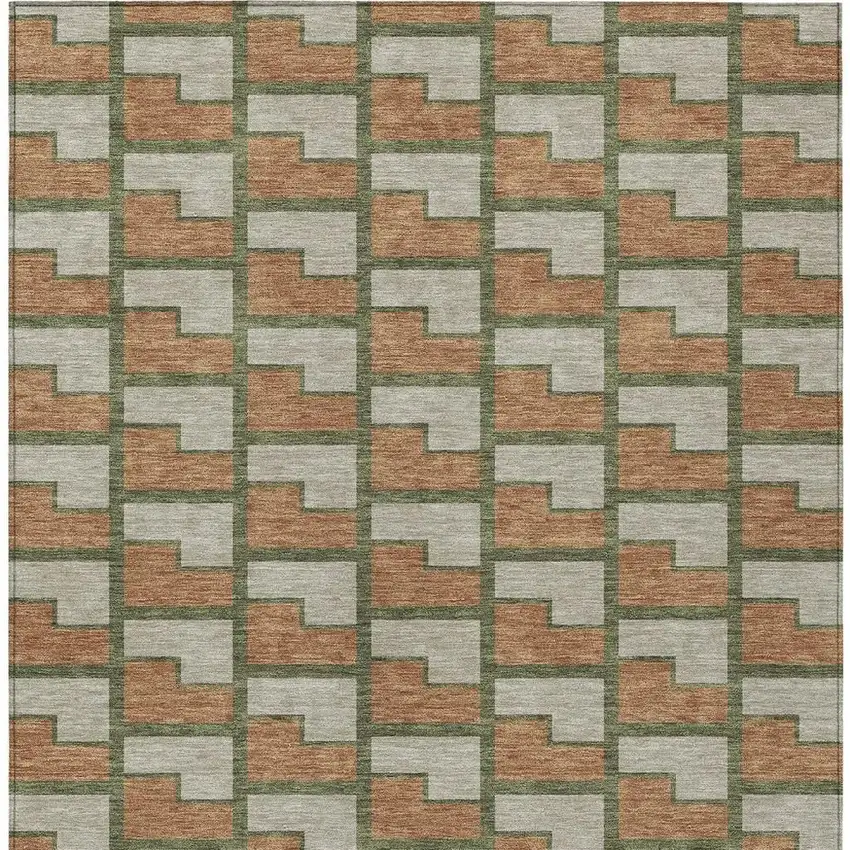 Copper Beige And Olive Green Geometric Washable Indoor Outdoor Area Rug Photo 3