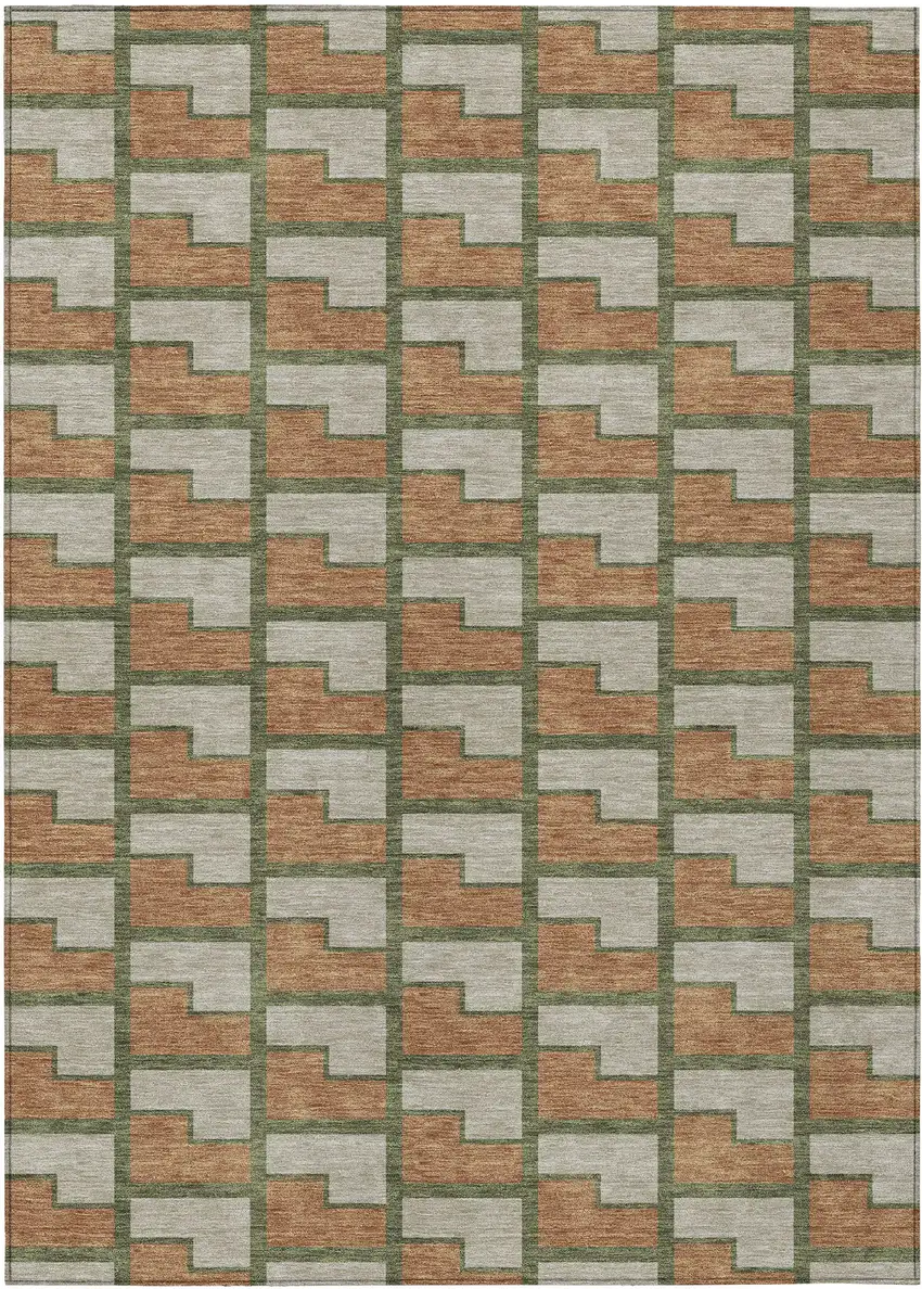Copper Beige And Olive Green Geometric Washable Indoor Outdoor Area Rug Photo 1