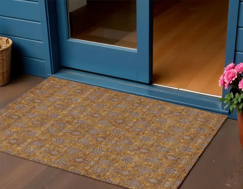 Copper Beige And Taupe Floral Washable Indoor Outdoor Area Rug Photo 1