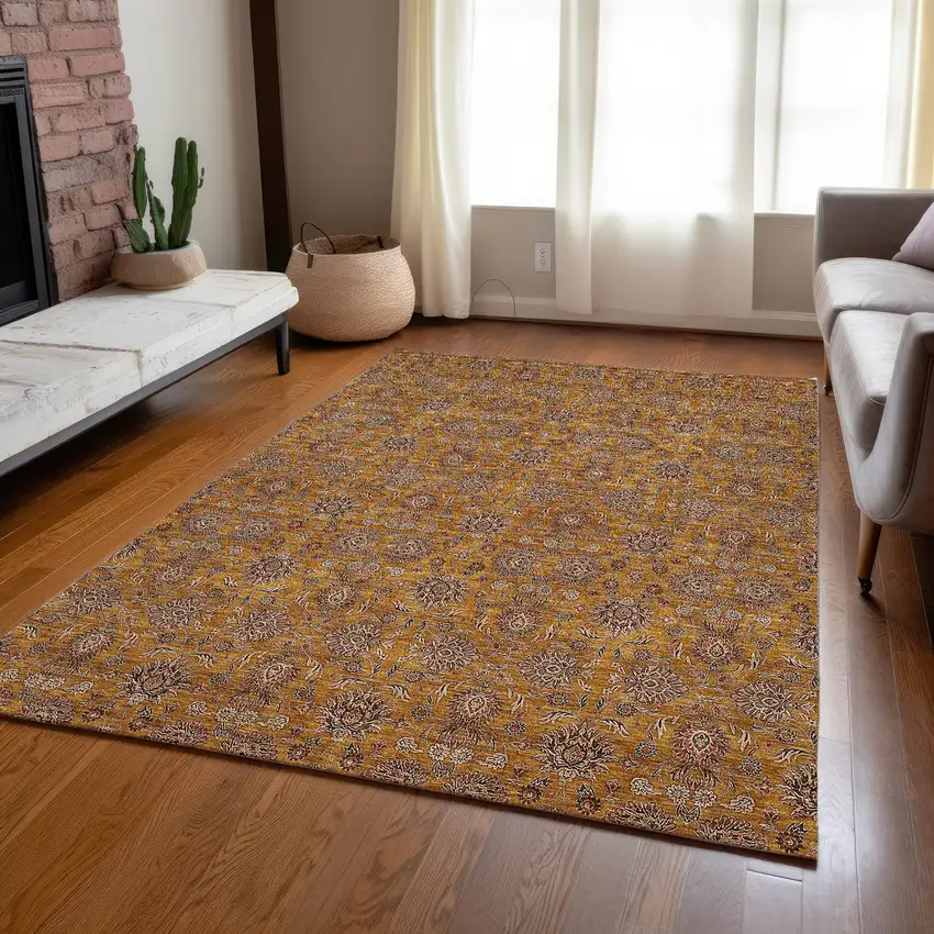 Copper Beige And Taupe Floral Washable Indoor Outdoor Area Rug Photo 9