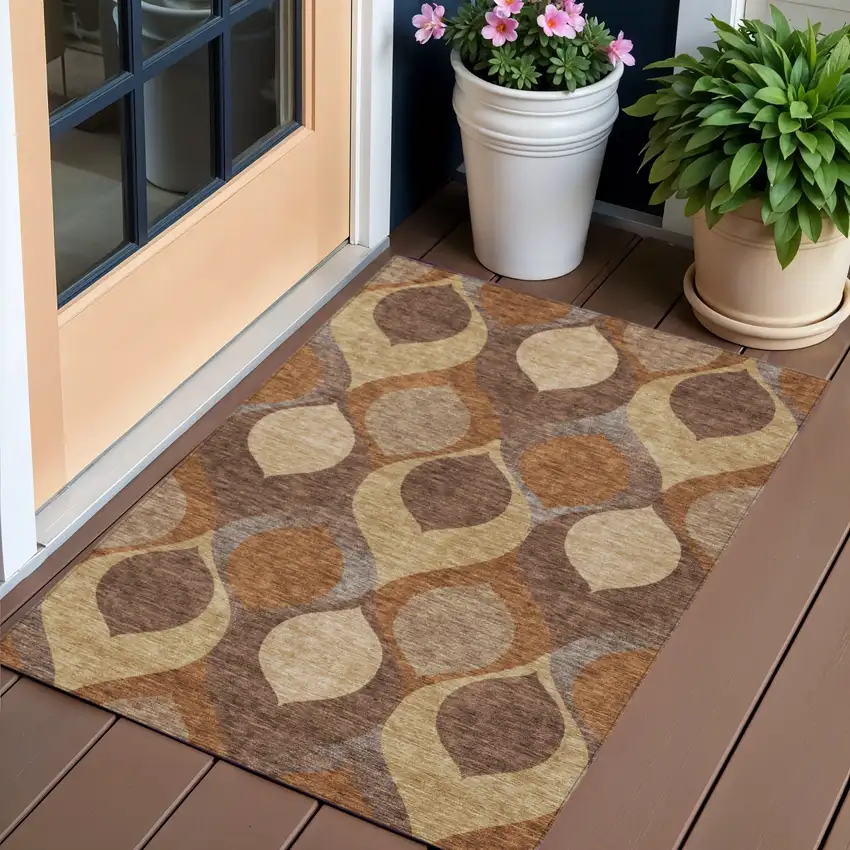 Copper Beige And Taupe Ogee Washable Indoor Outdoor Area Rug Photo 1