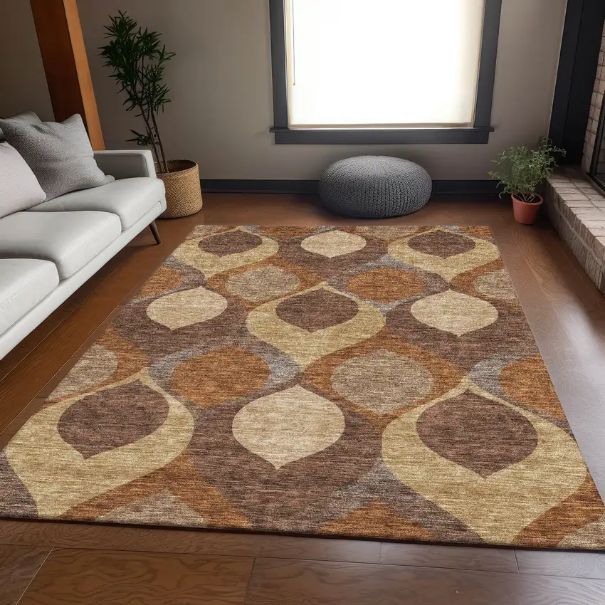 Copper Beige And Taupe Ogee Washable Indoor Outdoor Area Rug Photo 7