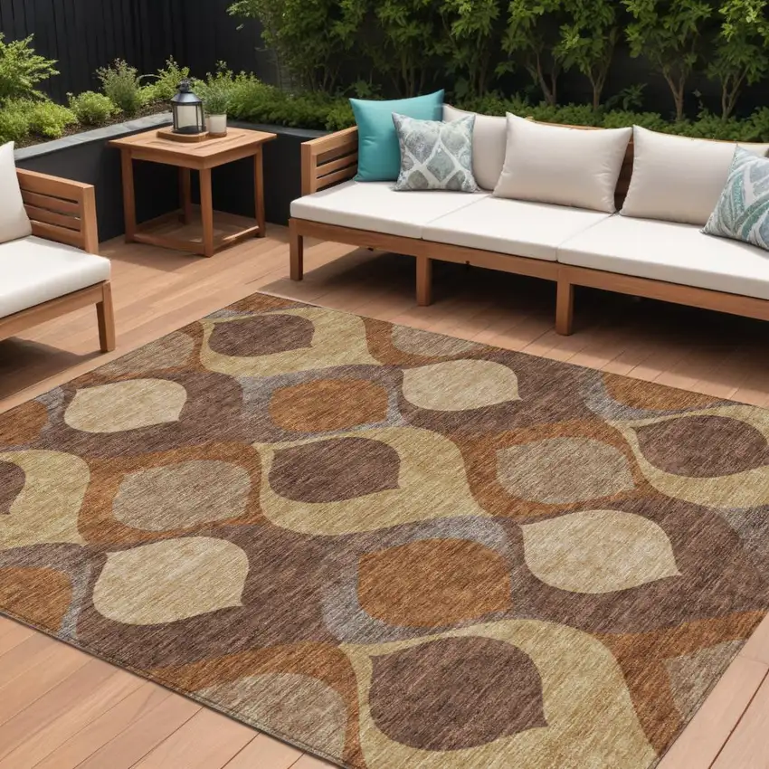 Copper Beige And Taupe Ogee Washable Indoor Outdoor Area Rug Photo 1