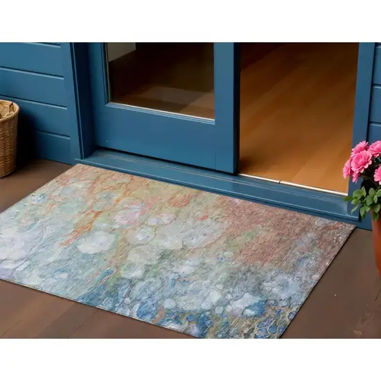 Copper Blue And Artichoke Green Abstract Washable Indoor Outdoor Area Rug Photo 1
