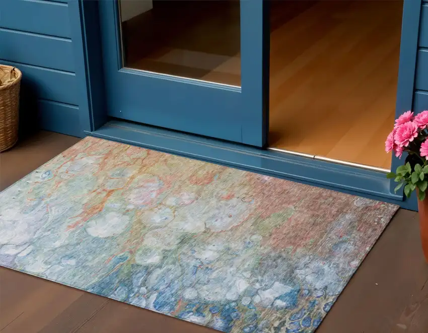 Copper Blue And Artichoke Green Abstract Washable Indoor Outdoor Area Rug Photo 1