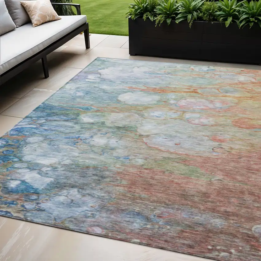 Copper Blue And Artichoke Green Abstract Washable Indoor Outdoor Area Rug Photo 1