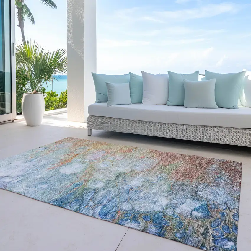 Copper Blue And Artichoke Green Abstract Washable Indoor Outdoor Area Rug Photo 9