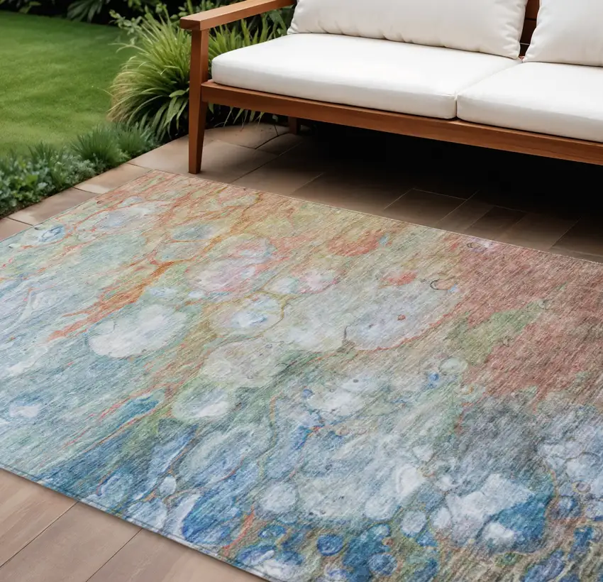 Copper Blue And Artichoke Green Abstract Washable Indoor Outdoor Area Rug Photo 1