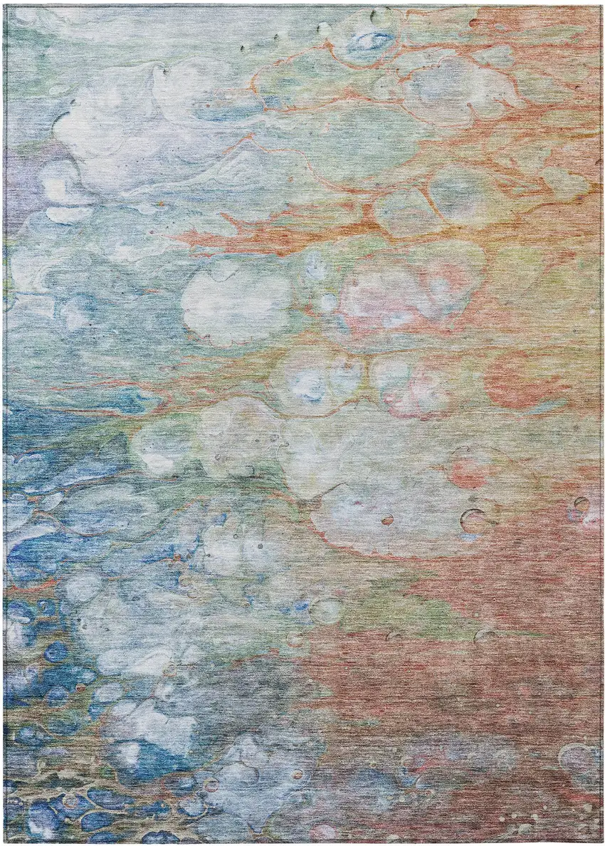 Copper Blue And Artichoke Green Abstract Washable Indoor Outdoor Area Rug Photo 1