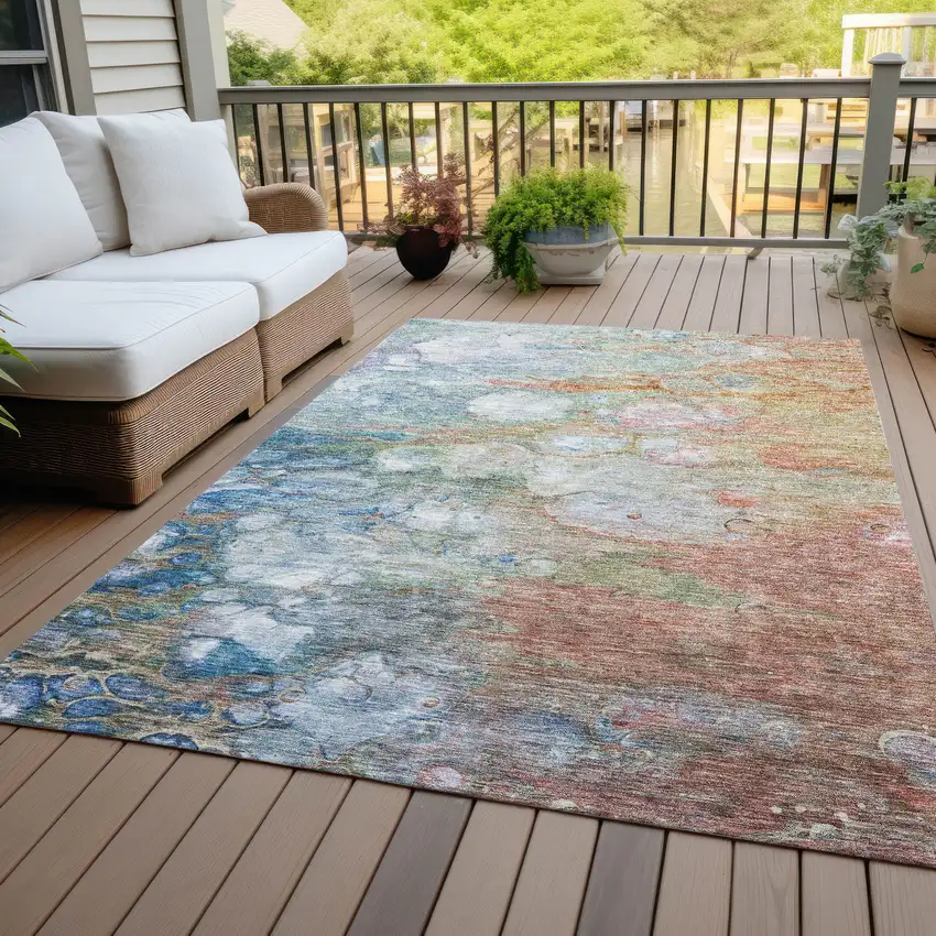 Copper Blue And Artichoke Green Abstract Washable Indoor Outdoor Area Rug Photo 8