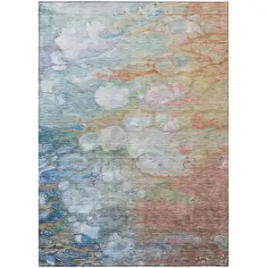 Photo of Copper Blue And Artichoke Green Abstract Washable Indoor Outdoor Area Rug