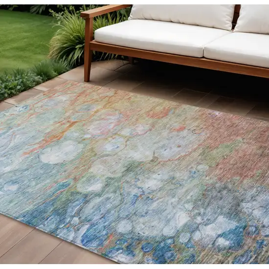Copper Blue And Artichoke Green Abstract Washable Indoor Outdoor Area Rug Photo 1