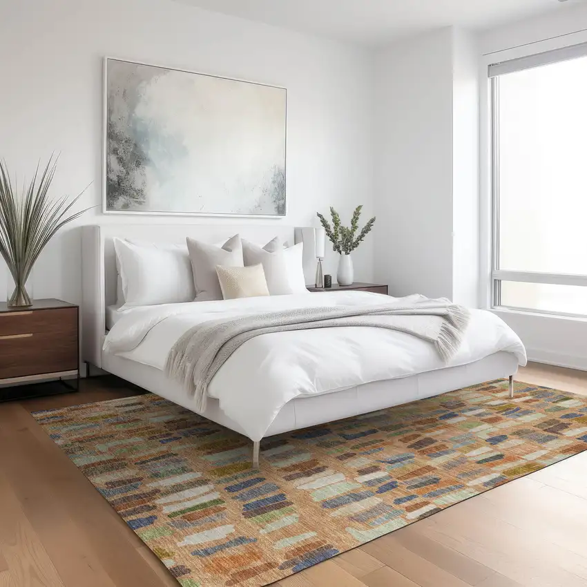 Copper Blue And Ivory Striped Washable Indoor Outdoor Area Rug Photo 6