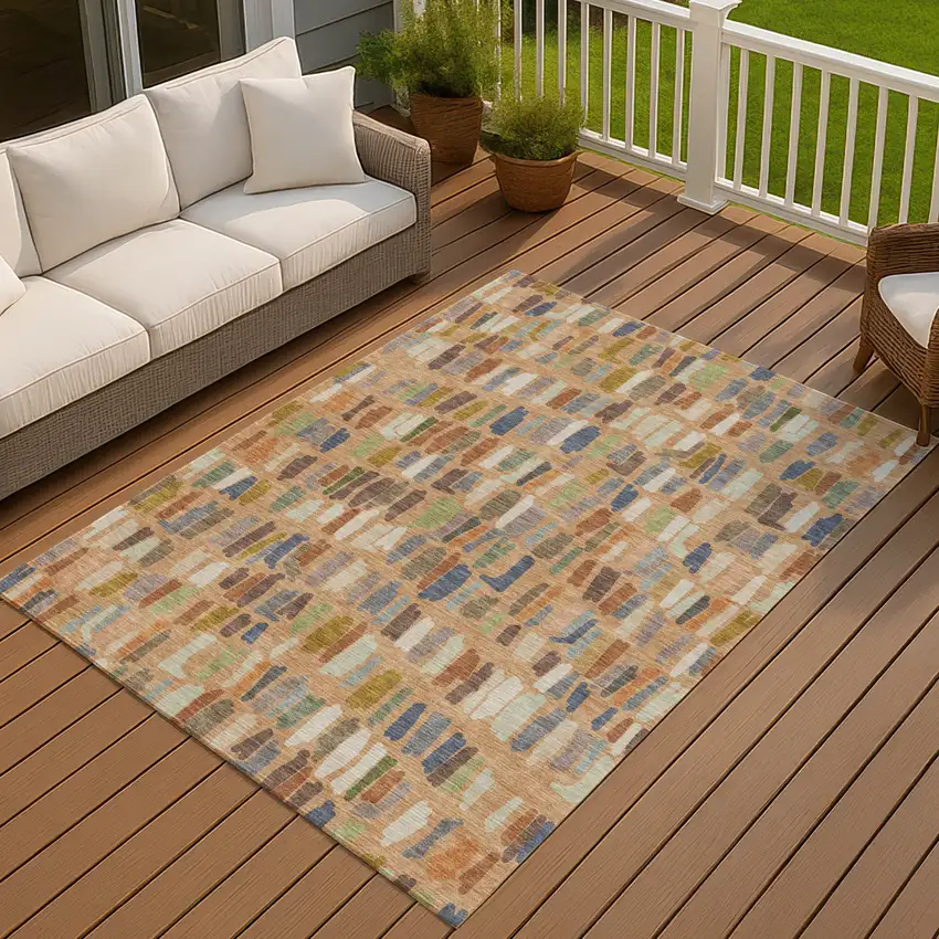 Copper Blue And Ivory Striped Washable Indoor Outdoor Area Rug Photo 3