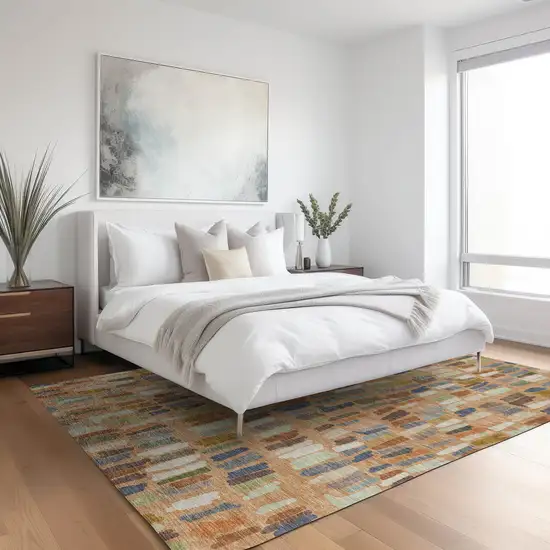 Copper Blue And Ivory Striped Washable Indoor Outdoor Area Rug Photo 5