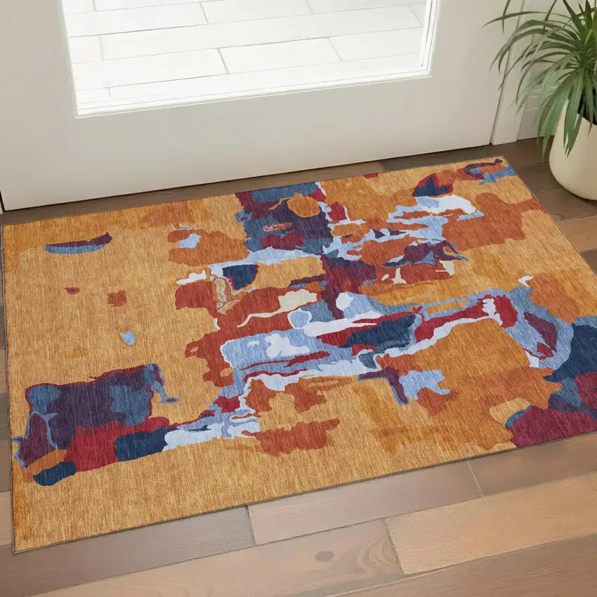 Copper Blue And Orange Abstract Washable Area Rug With UV Protection Photo 1