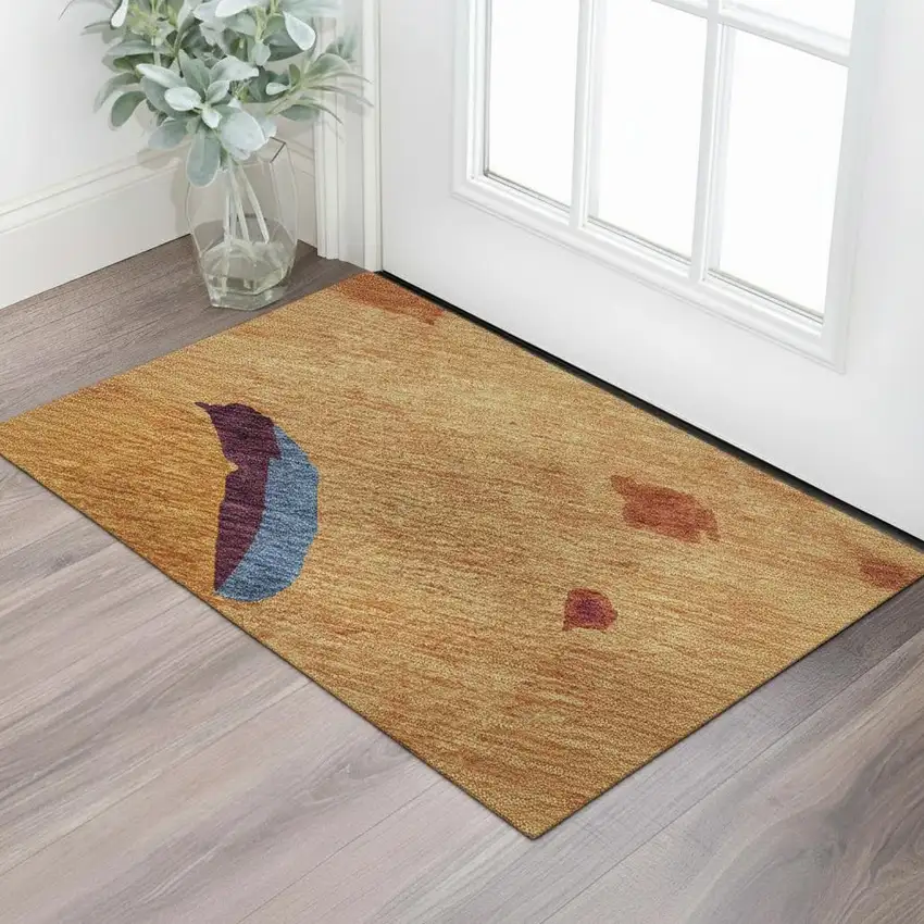Copper Blue And Orange Abstract Washable Area Rug With UV Protection Photo 2