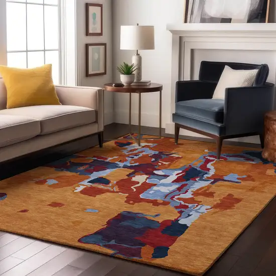 Copper Blue And Orange Abstract Washable Area Rug With UV Protection Photo 3
