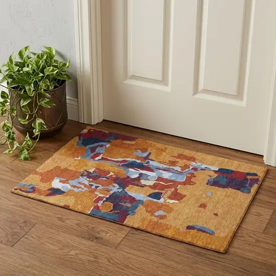Copper Blue And Orange Abstract Washable Area Rug With UV Protection Photo 1
